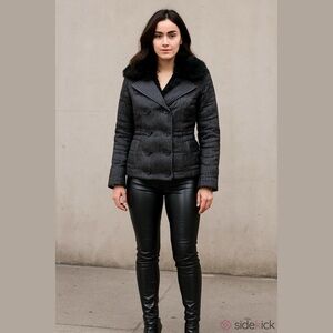 BEBE DOUBLE BREASTED PUFFER COAT REMOVABLE FAUX FUR COLLAR US S pinstripe